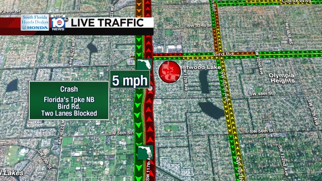 CRASH: Florida's Tpke NB on your approach to Bird Rd. two lanes are blocked; expect delays. #TRAFFIC #MIAMI https://t.co/zIVHbrhCuR