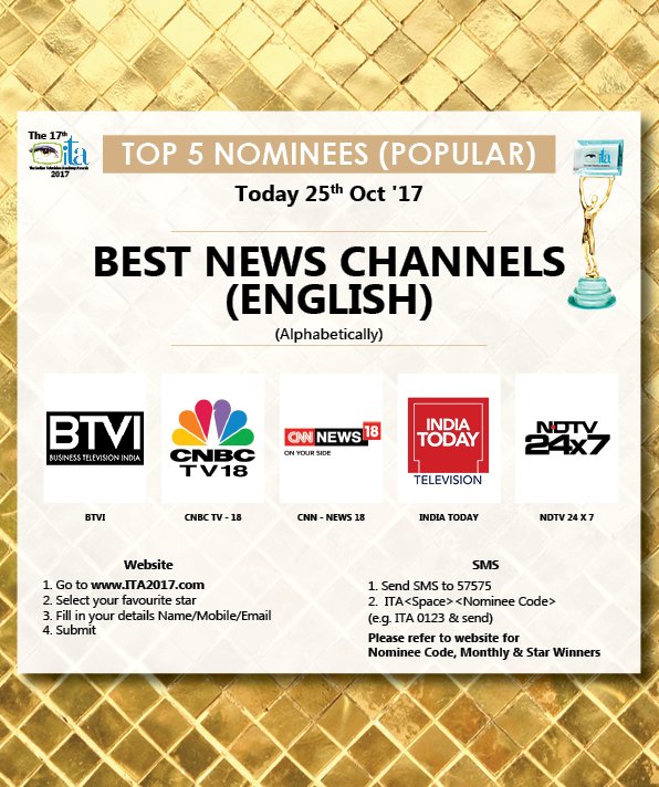 TheITA_Official's tweet photo. @anuranjan1010 @301055Ranjan @iaasifsheikh @BarunSobtiSays @NakuulMehta @VivianDsena01 @zainimam01 @adaa1nonly @AditiRathore_ @OfficialHelly7 @sritianne @SurbhiChandna Daily Top 5 #CountdownWeek Voting ends Oct 29th
#ITA2017 #BestGEC #BestHindiNewsChannel #BestEnglishNewsChannel @anuranjan1010 @ColorsTV https://t.co/5uyfVcmdcq