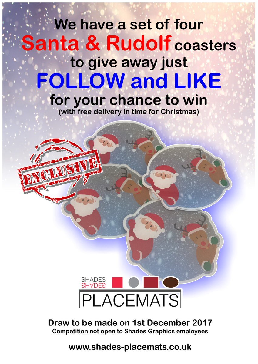 ShadesPlacemats's tweet photo. #FOLLOW #LIKE #Free #Competition #Christmas #Coasters #Enter #Santa #Rudolf
#NiffSaid https://t.co/NG5P6uuqeT