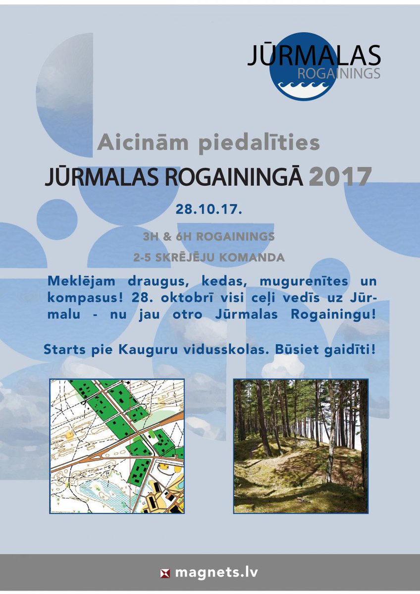 Sestdien, 28. oktobrī, Jūrmalas pilsētā notiks "Jūrmalas Rogainings". Starts plkst. 11.00 pie Kauguru vidusskolas (Raiņa iela 118).