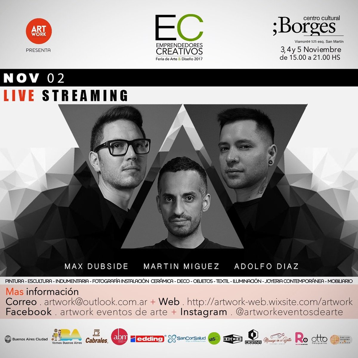 ArtWorkArte's tweet photo. Bienvenidos #MaxDubside  #MartinMiguez  #AdolfoDiaz a Feria EC Emprendedores Creativos en el Centro Cultural Borges #music #art #wine #life https://t.co/AXQ7rmxa8Q