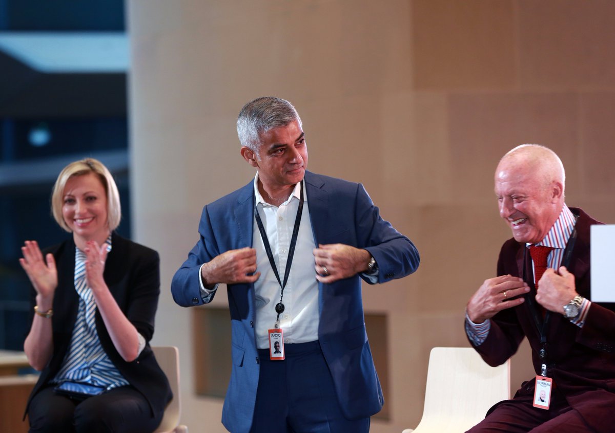 MikeBloomberg's tweet photo. .@MayorofLondon &amp; Lord Foster were critical to creating #BloombergLondon. Glad to make them honorary members of @Bloomberg w/a name badge. https://t.co/yrDS79kgGS