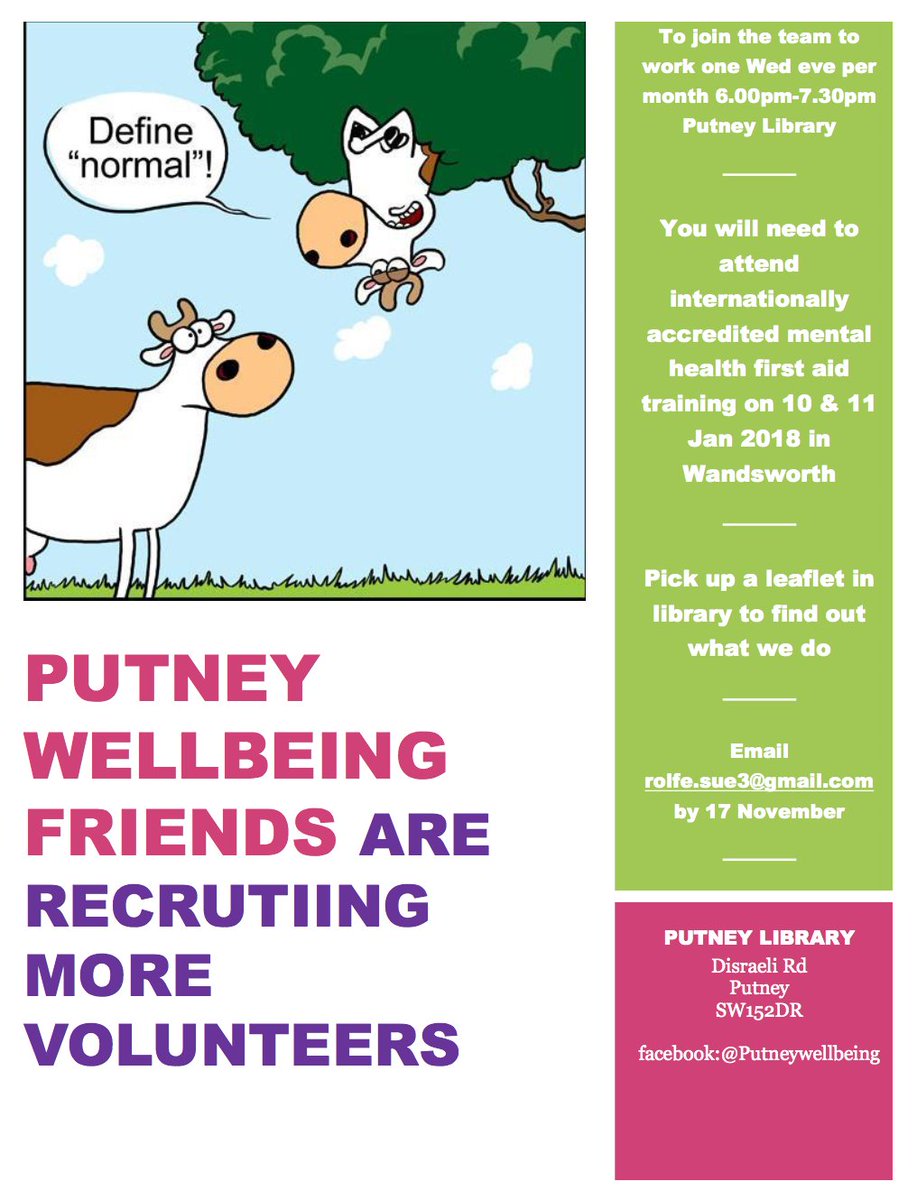 #putney Wellbeing Friends is recruiting! Do you want to give back? Get internationally accredited for mental health First Aid?
Join us!