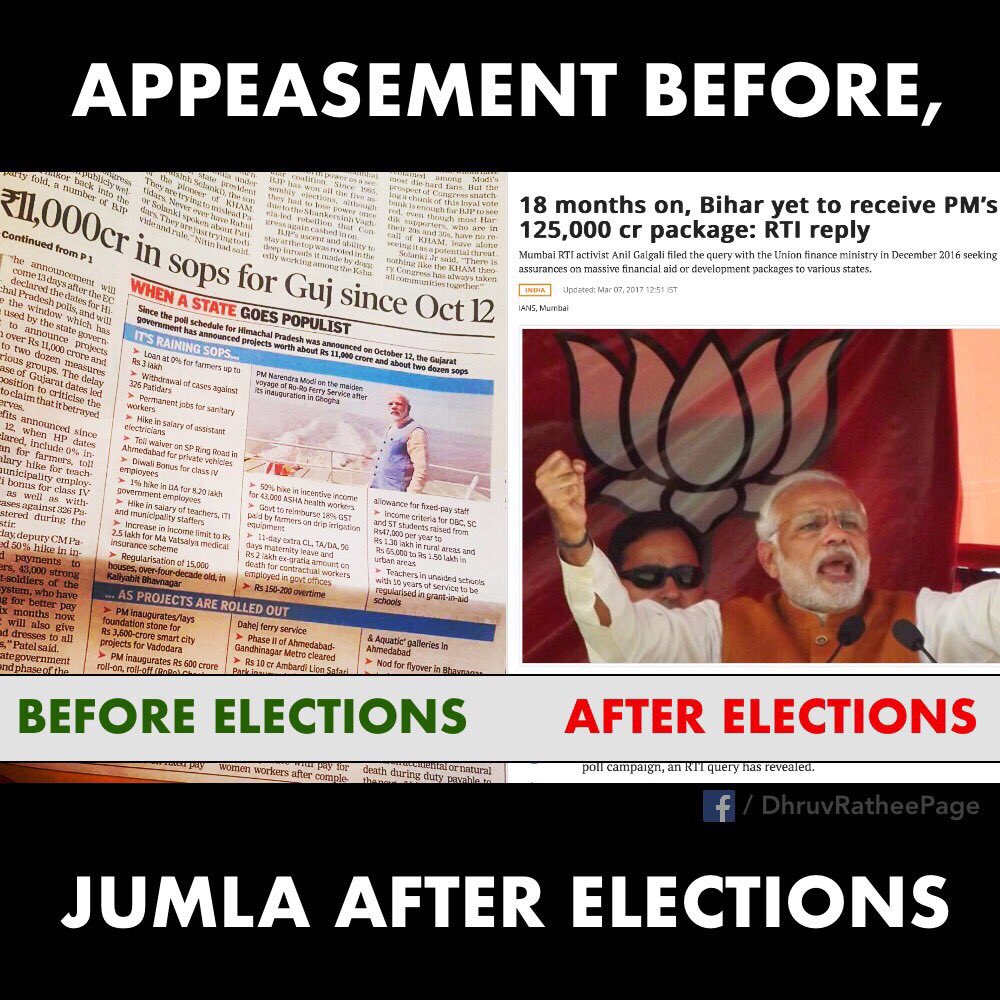 dhruv_rathee's tweet photo. Before elections, give out as much freebies and sops as possible. 
After elections, every promise becomes a Jumla https://t.co/pkuLWpkWgh