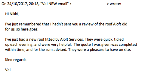 ALOFTLTD's tweet photo. Thank you to our customer for taking the time to give us her important feedback
#AloftLtd https://t.co/pslAylAtvO #SinglePly #PitchedRoofing https://t.co/uht9N8wWVx