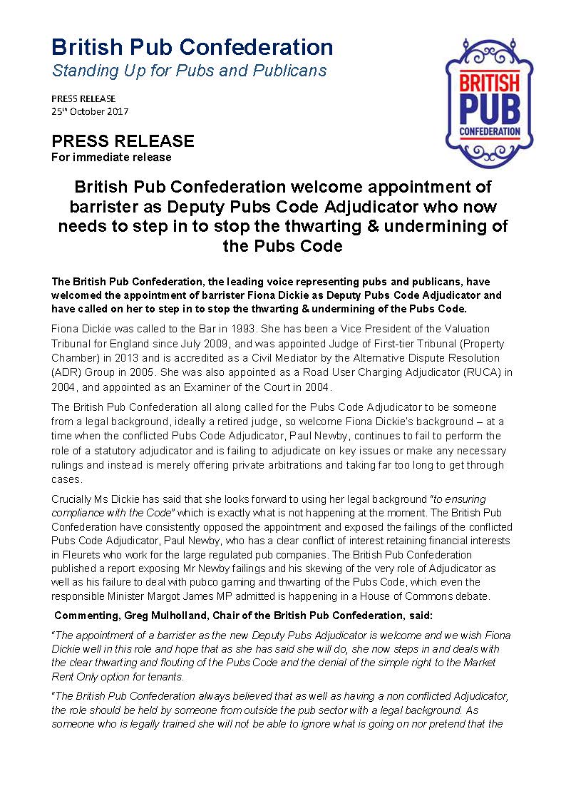 PubsAdvisory's tweet photo. BREAKING: British Pubs Confederation press release on Deputy PCA Fiona Dickie @GBPubConfed @ProtectPubs @FairDeal4Locals #ukpubs https://t.co/YJaOaNDmfj