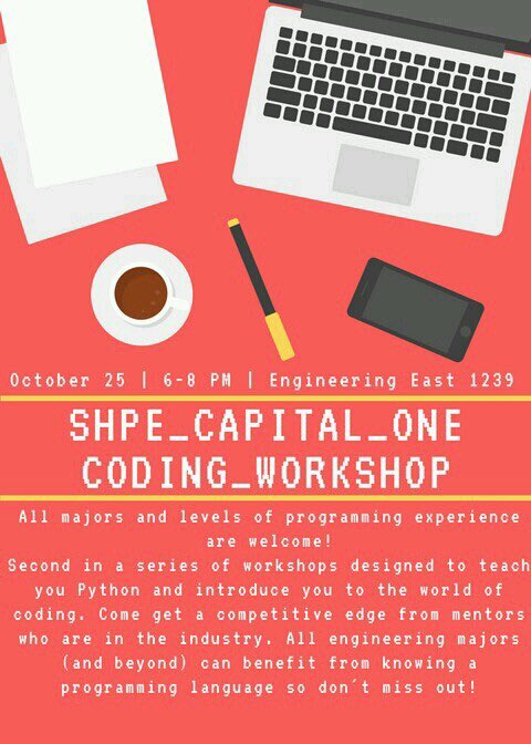 SHPE_VCU's tweet photo. 2) Python Coding Workshop led by @CapitalOne in East Hall 1239 at 6pm #shpe #shpefamilia #python https://t.co/WpqF2iWg1L