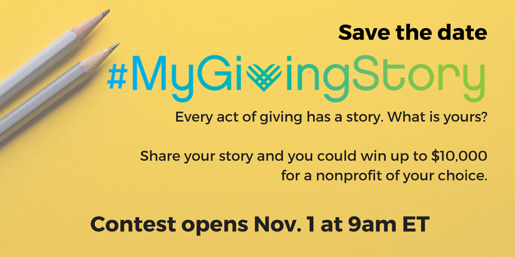GivingTuesday's tweet photo. Save the date - the #MyGivingStory contest will open at 9amET on Nov 1! Spread the word &amp; start drafting your story! #givingtuesday https://t.co/RDEqNOOYco