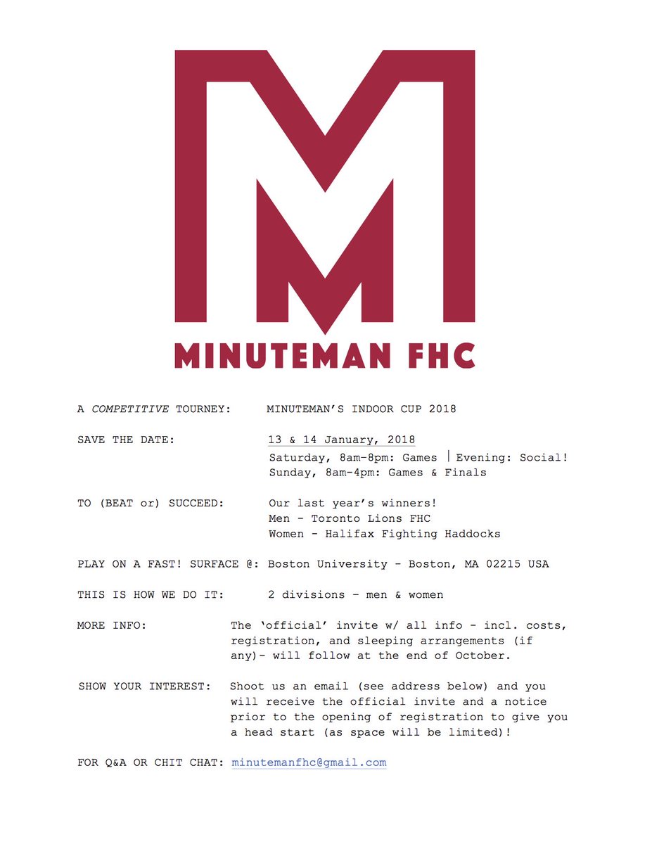 MinutemanFHC's tweet photo. #MIC2018 official save the date for the Minuteman Indoor Cup Jan 13th and 14th, 2018! Stay tuned for more info on how to register for Boston's most competitive adult single-gender Indoor Tournament! https://t.co/oKzyXIez8z