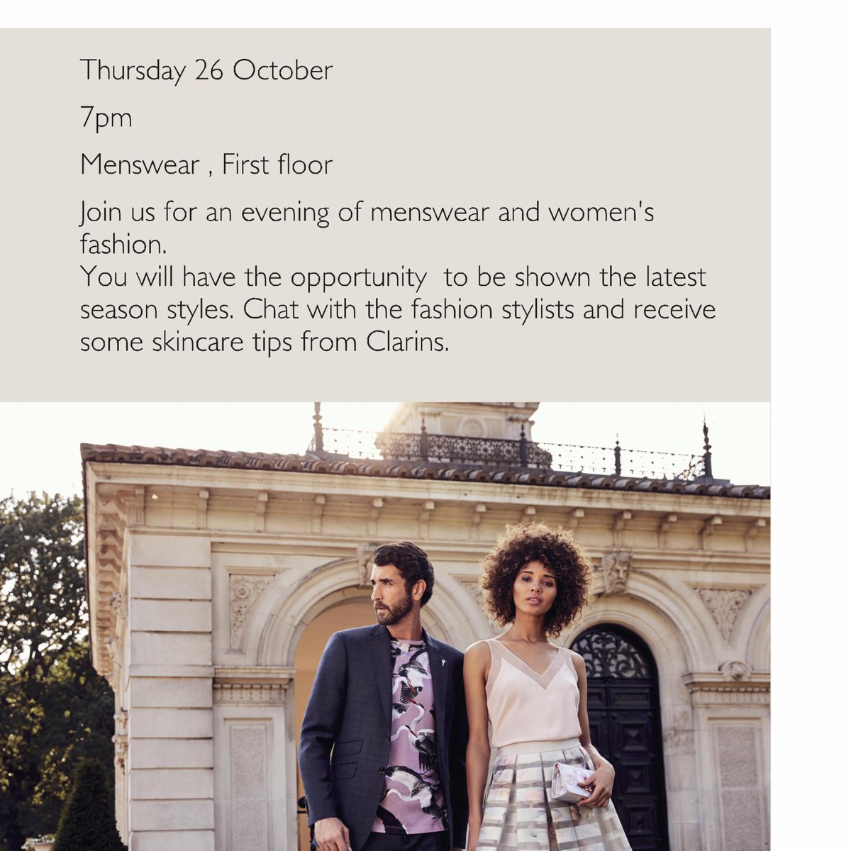 It's all about the #fashion at @johnlewisretail #kingston tomorrow at 7pm in the menswear department. Beauty tips from <a href="/clarins_uk/">clarins_uk</a> too