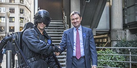 MillerLLP's tweet photo. Spotted outside Lloyd’s! Our CEO Greg Collins talking jetpack tech with this legend #londonmakesitpossible https://t.co/cvUipXjhFy