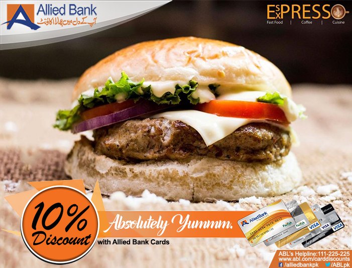 ABLpk's tweet photo. Burger Lovers may now enjoy 10% off at #EspressoExpress with ABL Cards. For details| https://t.co/oLziXZoNR3 https://t.co/wDpSKcMczX