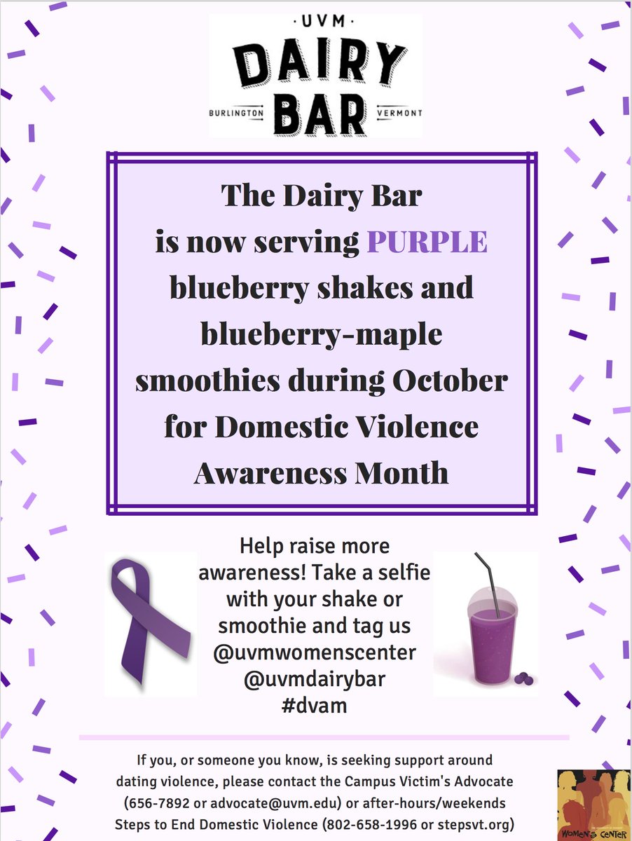 UVMWomensCenter's tweet photo. Check out @uvmdairybar for PURPLE shakes and smoothies in honor of Domestic Violence Awareness Month! #dvam2017 https://t.co/r0VNccylQ2