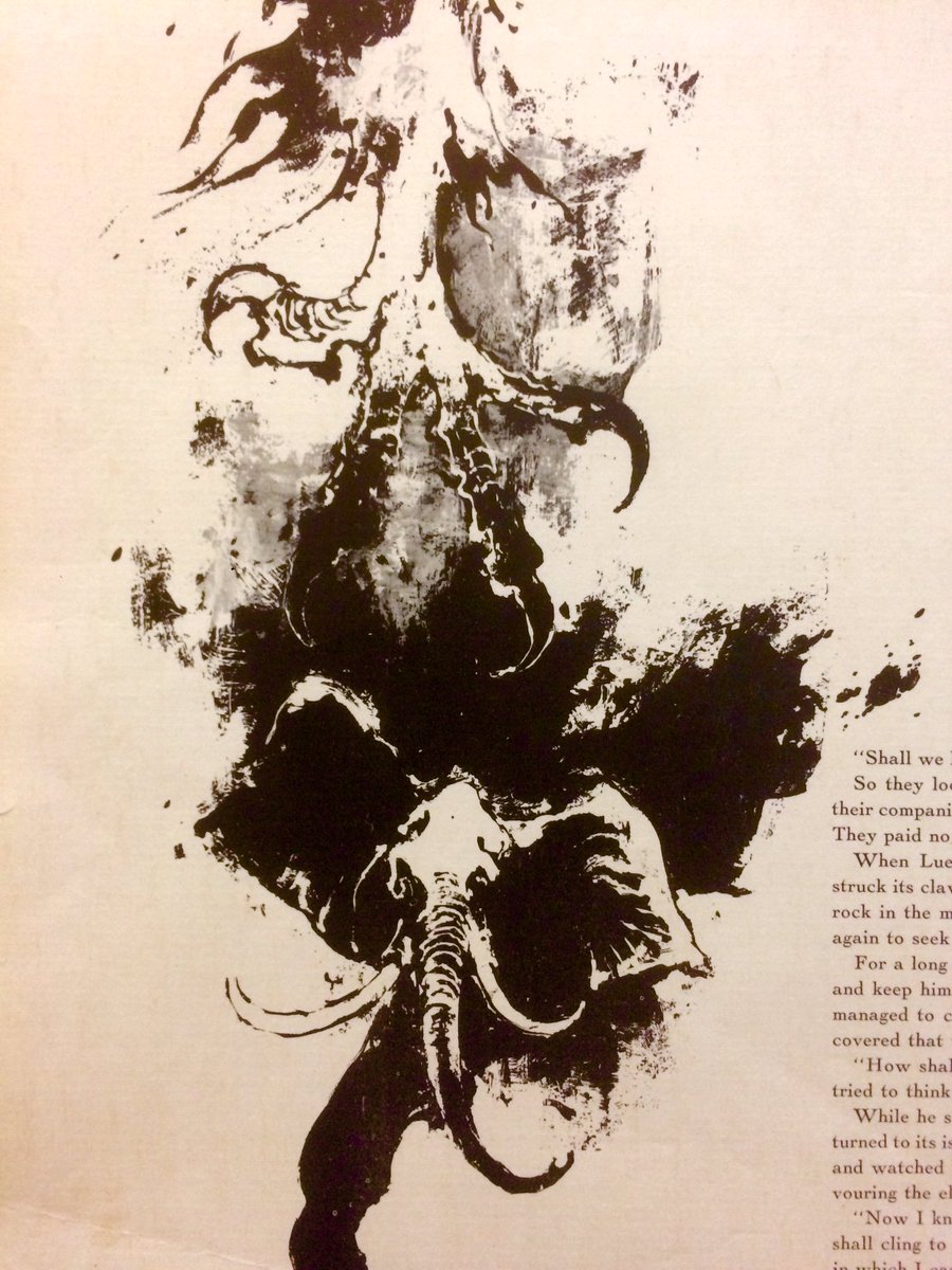 uzzlepyepress's tweet photo. "The man had to stay alive inside the #elephant and keep himself alive by eating raw meat." Lue &amp; the Elephant Hunters. Art by #OttoNielsen https://t.co/FqmuccqS75
