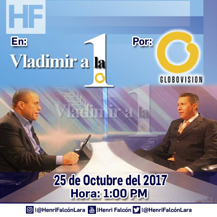 HenriFalconLara's tweet photo. Hoy te invito a ver a la 1PM el programa @Vladimirala1_gv por @Globovision donde estaré conversando sobre el acontecer político nacional. https://t.co/4okWHjpeSF