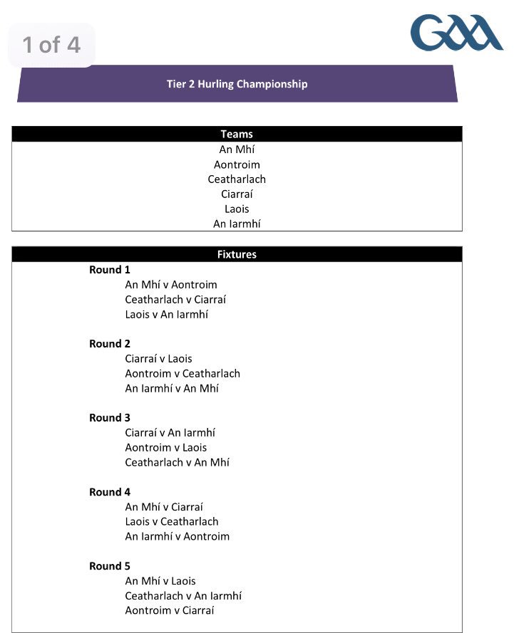 Tier 2 hurling draw 
Dates for the rounds will be confirmed in the coming weeks. First team listed has home venue.