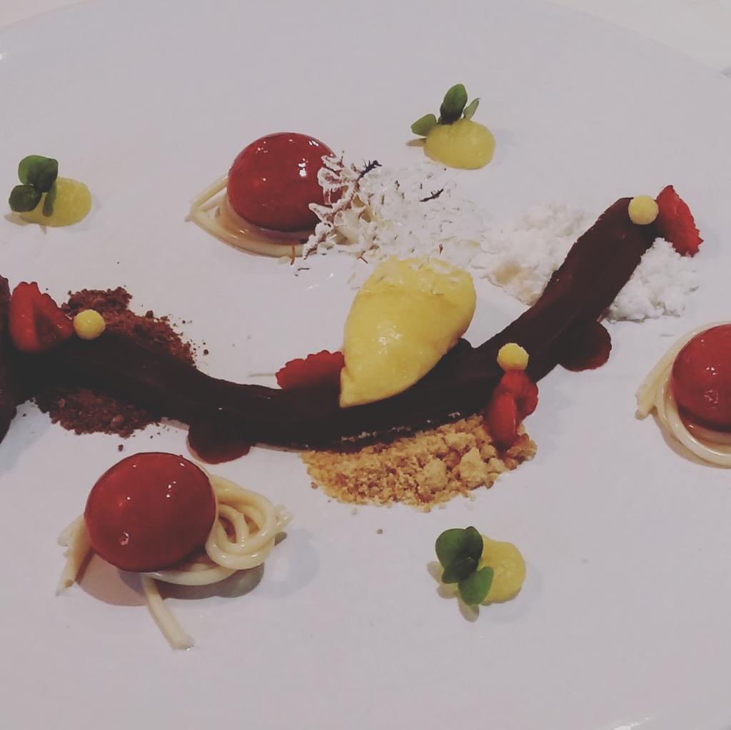 ESFW's tweet photo. Flexible chocolate with white chocolate spaghetti, rasp spheres, choc soil and snow. Lots of hard work by the #pastrystudents https://t.co/WwSYHxYIPC