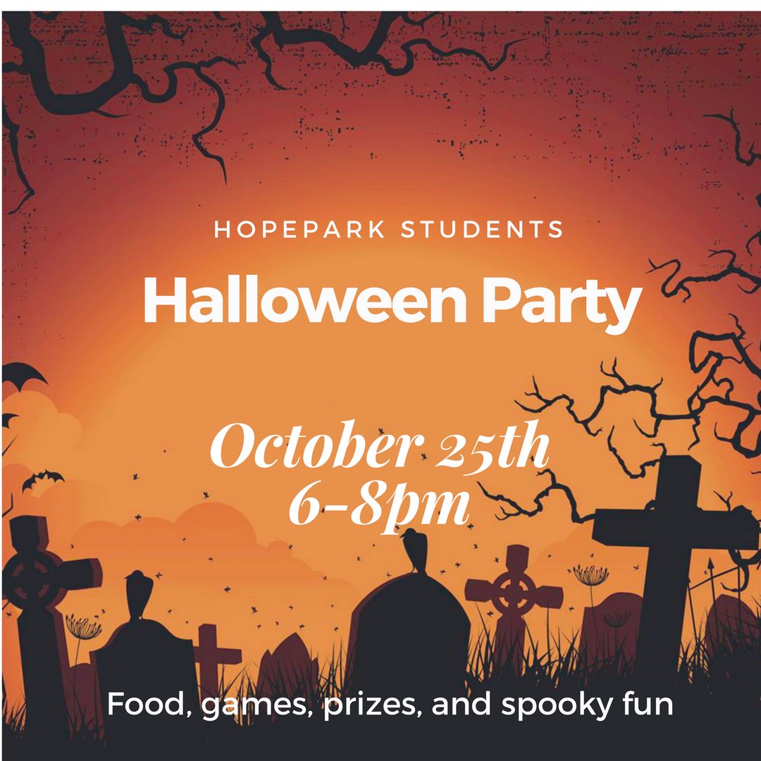 StudentsHP's tweet photo. Come to the HopePark Students Halloween Party tonight!! 6-8pm in the Onion!! Prize for the best costume! https://t.co/7ZokjXIwWT