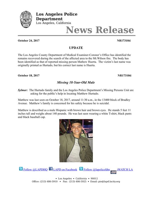 News Release of Missing Person Mathew Huerta