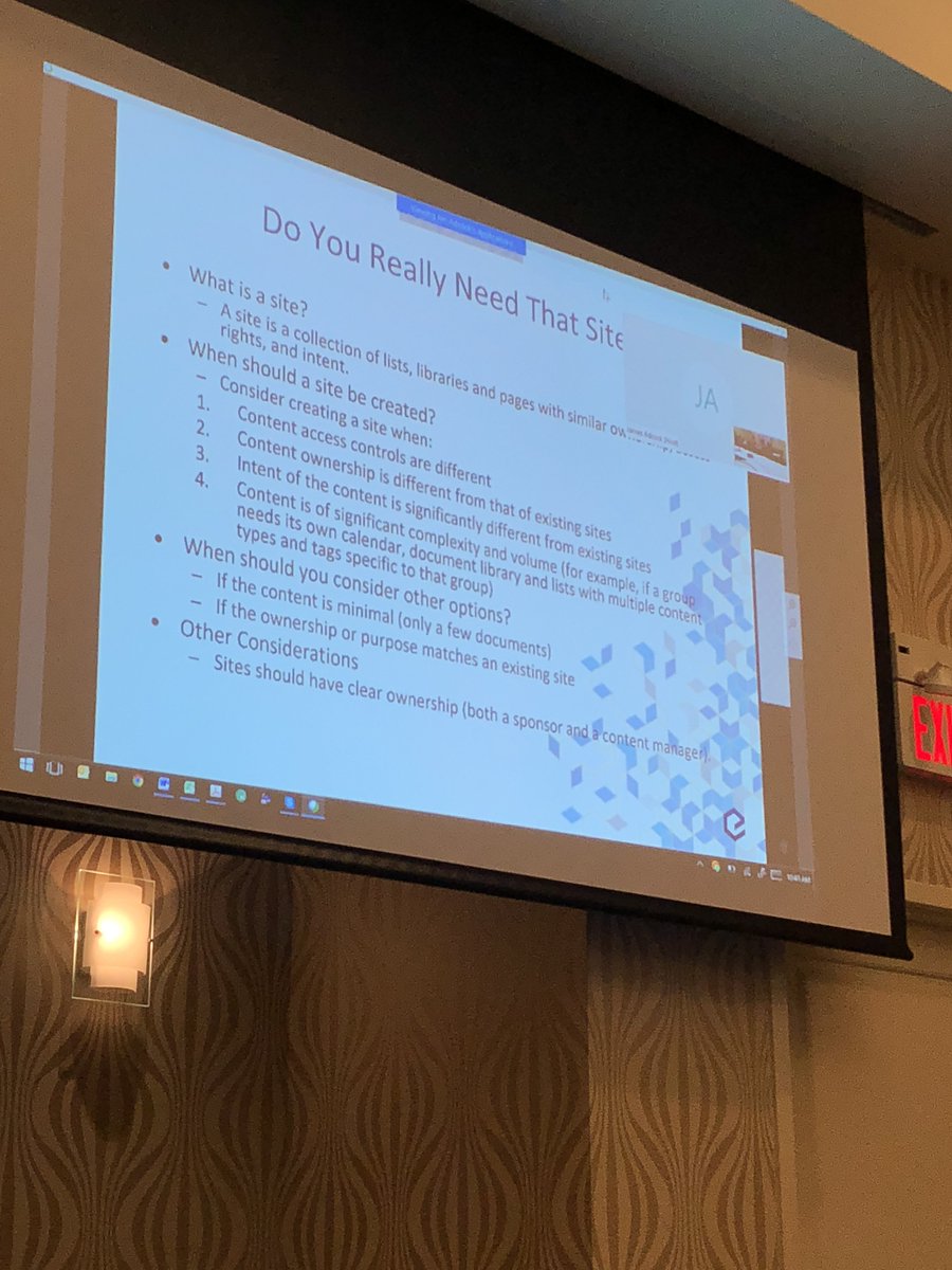SharePointInst's tweet photo. Listening to @dlairman talk about #sharepoint governance and sites. #spengage https://t.co/sXZY31PMXG