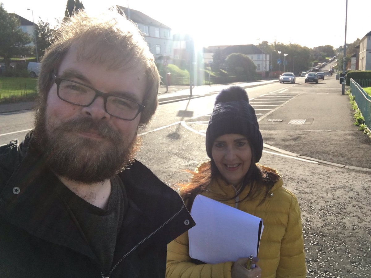 MargaretFerrier's tweet photo. The rays of the sun☀️were behind Andrew & I while out campaigning earlier in #Rutherglen for our fab @theSNP candidate #DavidInnes #VoteSNP1 https://t.co/2TcwSRCeKg