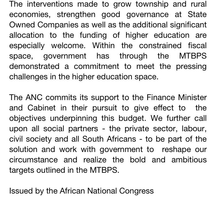 MYANC's tweet photo. ANC WELCOMES PRESENTATION OF REDISTRIBUTIVE, PEOPLE-CENTRED &amp; FOCUSED #MTBPS2017 https://t.co/IjFfJpECMG