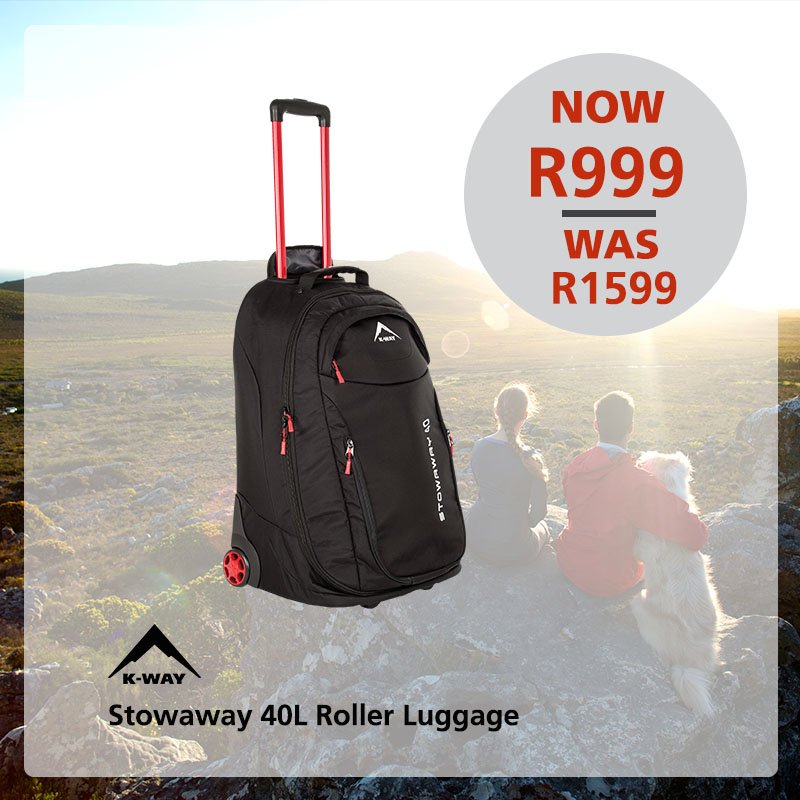 capeunionmart's tweet photo. #BackpackPromo save R600 on the @kway_za Stowaway 40L Roller Luggage. Shop in store or online here:https://t.co/pUIcwcq4JQ. T’s & C’s apply https://t.co/AmCrIVWRjc