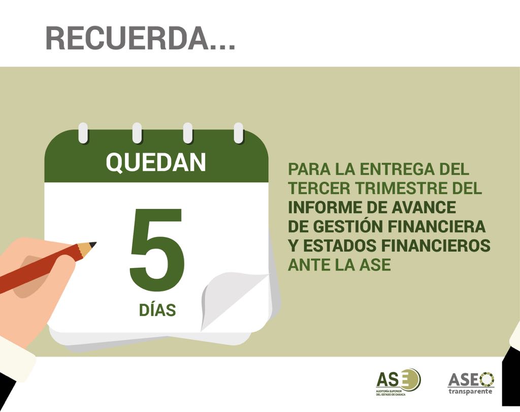 AltamiranoCat's tweet photo. Atención #AutoridadesMunicipales
Este 30 de OCTUBRE vence el plazo para hacer entrega del 3er Trimestre del #IAGFyEF2017 ante la @Oaxaca_ASE https://t.co/2HAsSN1MKW
