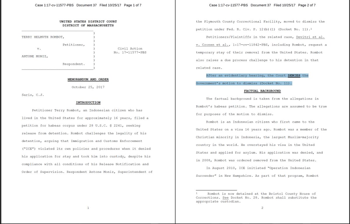 johnhawkinson's tweet photo. No surprise at all, Saris denies Gov’s motion to dismiss in #Rombot. As she said on bench, she finds she has subject-matter jurisdiction. https://t.co/VGN5uLAiXa