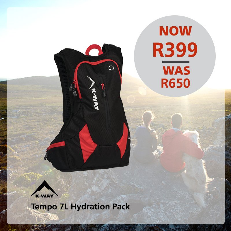 capeunionmart's tweet photo. #BackpackPromo. Save R251 when you buy the @kway_za Tempo 7L Hydration Pack. Hurry while stock last https://t.co/zhdEZylgJ7’s & C’s apply. https://t.co/bCIVtwt222