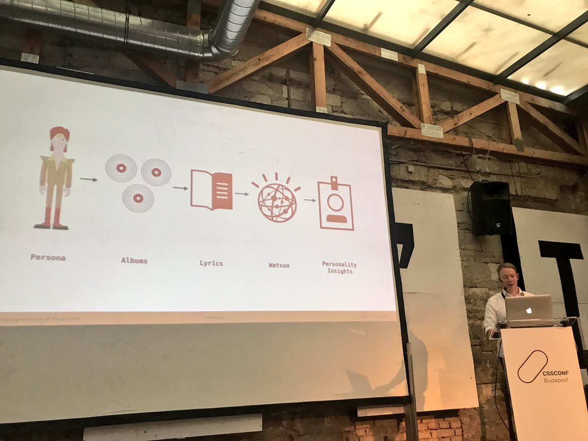 csswizardry's tweet photo. Analysing Bowie personas/lyrics using @IBMWatson. Fascinating talk by @antonmc. #cssconfbp17 https://t.co/75rku3426H