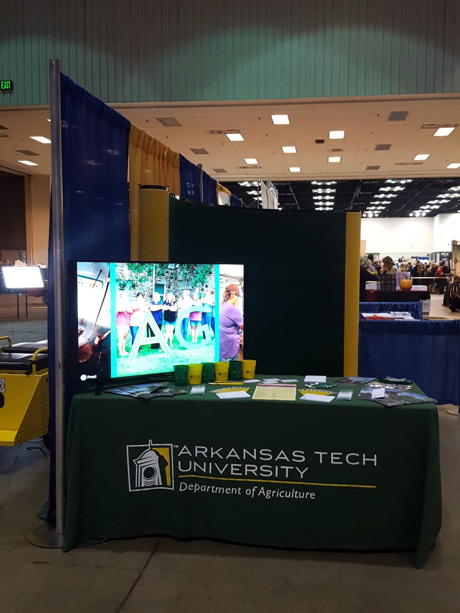 atucffa's tweet photo. We're all set up &amp; ready to meet some potential new ATU students! Be sure to stop by the Arkansas Tech booth!💚💛 #ATUCFFA #ATUagri #NatCo https://t.co/zSBCjd0ixQ