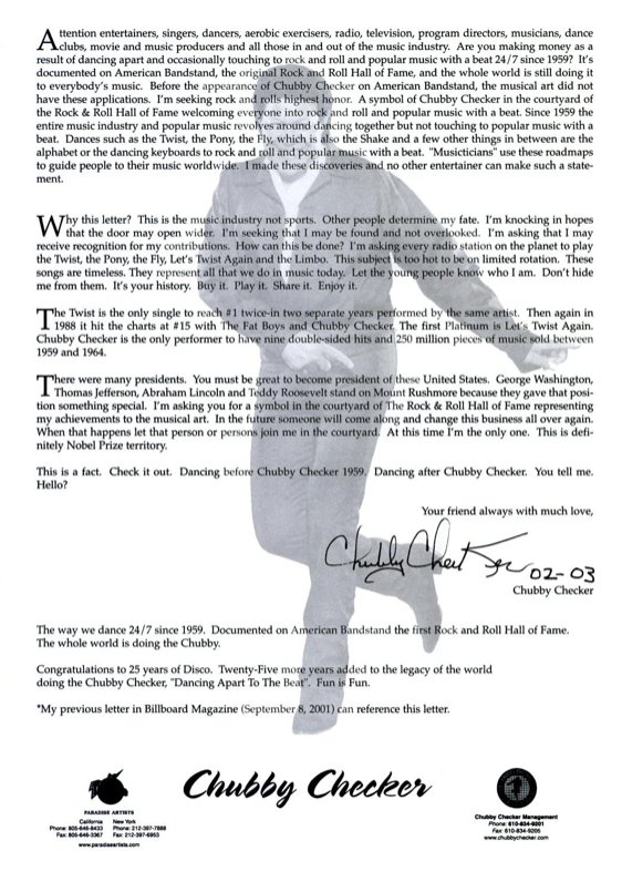 Chubby Checker had this letter published in Billboard in 2002. It's nuts.