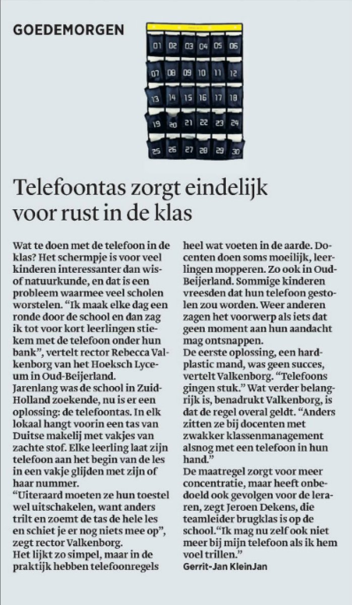 De telefoontas zorgt voor rust in de klas. Heeft uw school hem al? Trouw 25/10