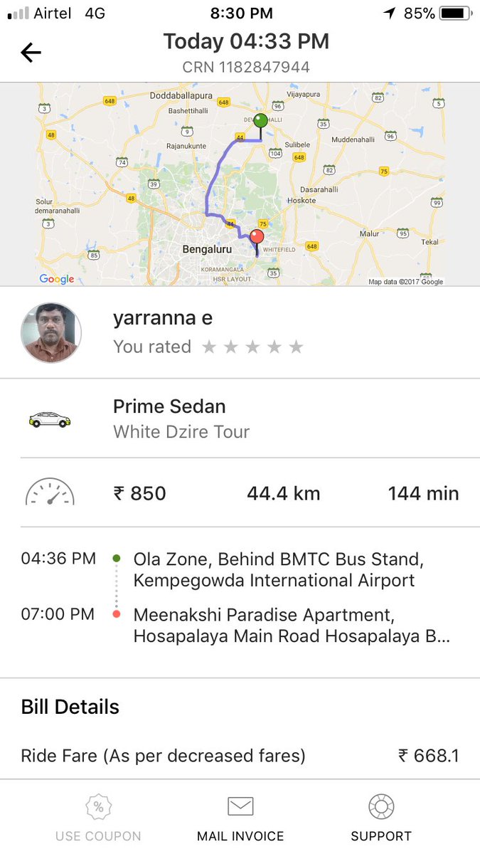 Anu316's tweet photo. @Olacabs @ola_supports
Trip from Bglr airport, Driver collects 1100 Rs but 850 Rs also got deducted, need refund! https://t.co/NIcRmTyZYe