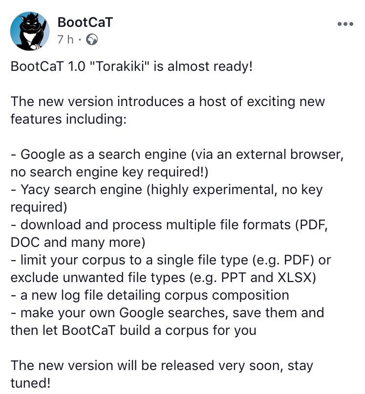 RudyLoock's tweet photo. 🆕🆕🆕 #BootCaT: new version soon available, with many new (and free!) features! This is great news! 😄
#corpus https://t.co/mmrEc1S071