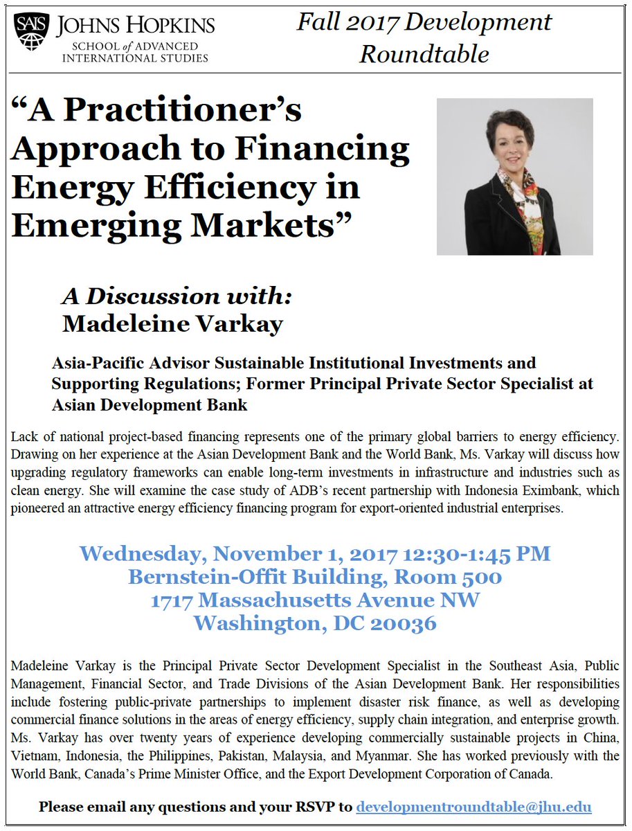 sais_idev's tweet photo. Wed, Nov 1 | We're excited to welcome Madeleine Varkay for the 2nd Fall #IDEVRoundtable @SAISHopkins RSVP to developmentroundtable@jhu.edu https://t.co/Algeo6ttLo