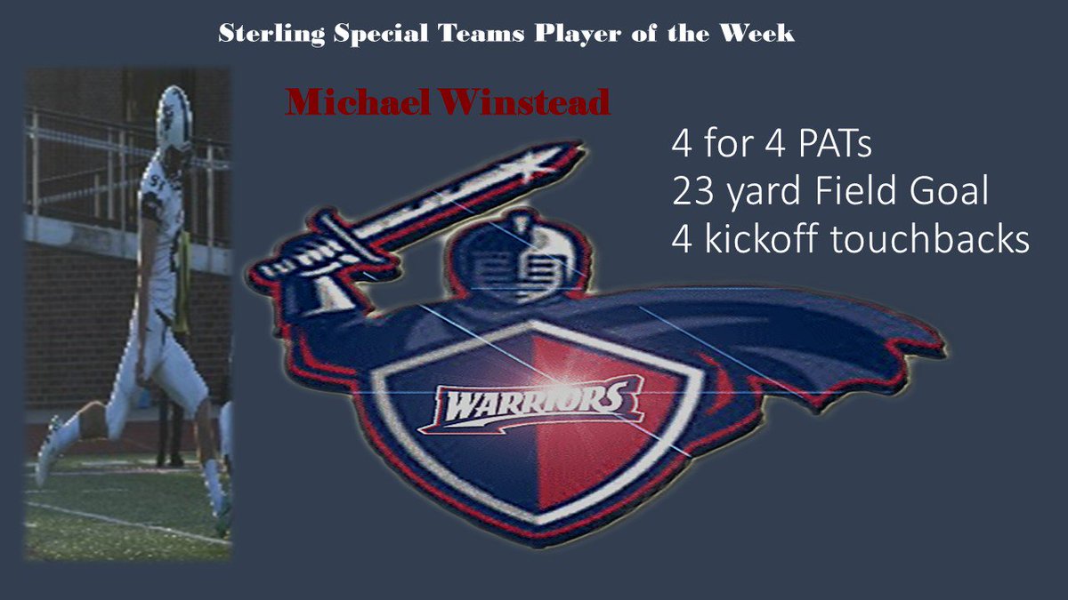 SCWarriorFB's tweet photo. Sterling College Special Teams Player of the Week @mwinstead_81
#SterlingCollege #Swordsup #STPOTW https://t.co/QFt5aqGDcF