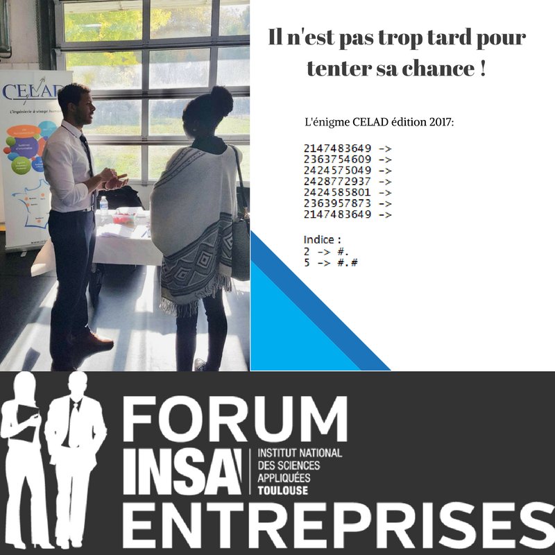 Vous avez été nombreux hier à venir nous rencontrer lors du Forum INSA Toulouse !
Réussirez-vous à trouver la solution à cette énigme?