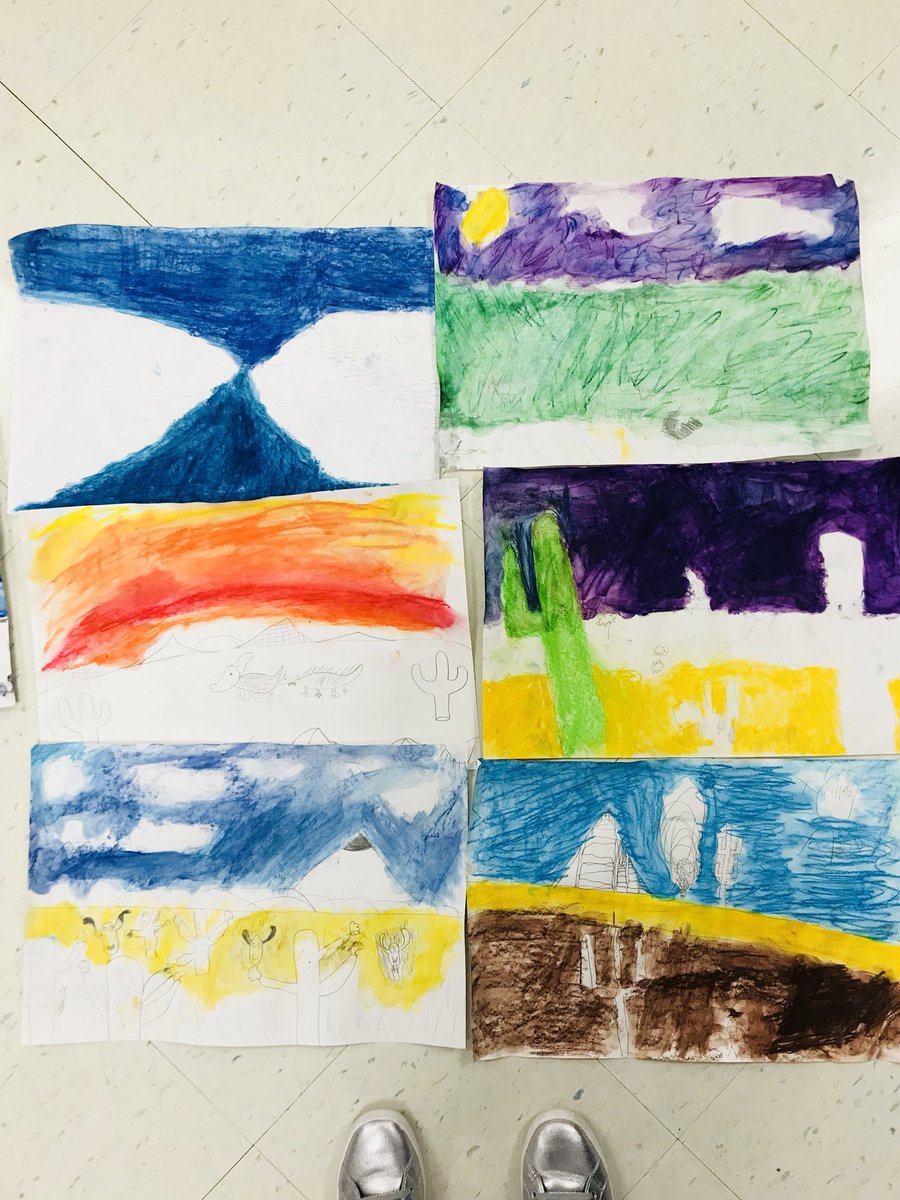SegosARTclass's tweet photo. Work in progress- western landscapes #4thgd  #artclass #elementaryart @KleinISD https://t.co/nxxxvZAbVE