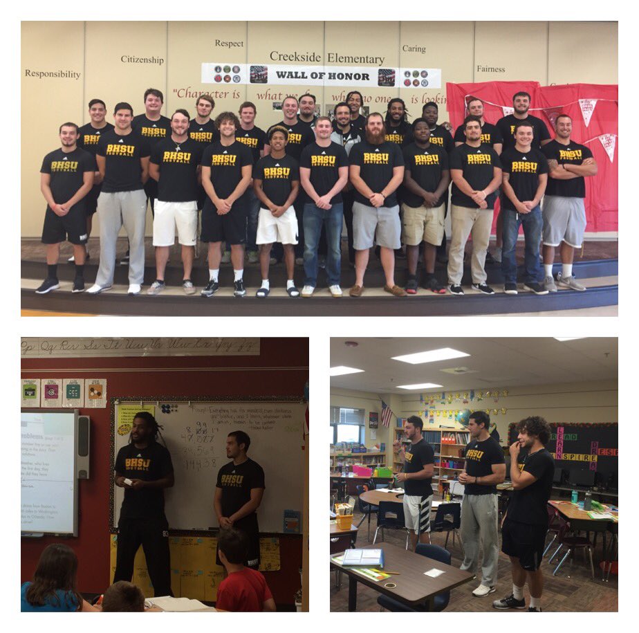 Great job @BHSUFootball speaking to Creekside Elementary during Red Ribbon Week! #TheEdge #Unity #MakingADifference #GivingBackToCommunity