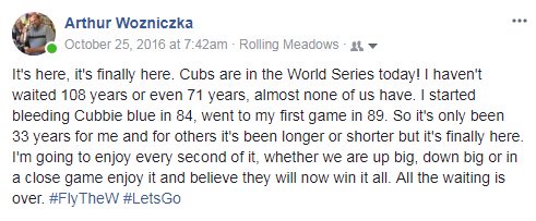 artwoz's tweet photo. One year ago today...
#Cubs #WorldSeries Game 1
Do you remember the feeling?
#FlyTheW #ThatCub #CubsTwitter https://t.co/I82rYhBbUg