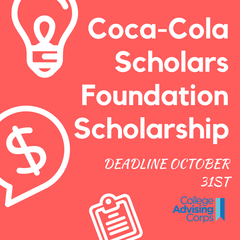 CACeAdvisers's tweet photo. The @cokescholars scholarship is a fantastic opportunity! Students can apply before October 31st! @CollegePoint @AdvisingCorps #CACeAdvising https://t.co/i4x50RDyY1