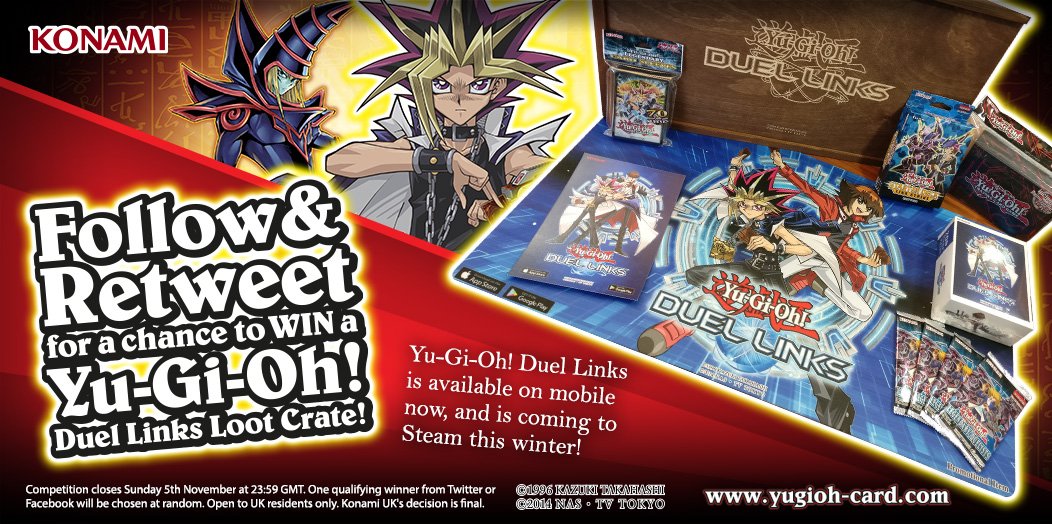 KONAMIUK's tweet photo. FOLLOW &amp; RT to #WIN a #YuGiOh Duel Links Loot crate!

Duel Links, on mobile now, heads to #Steam this Winter! INFO: https://t.co/Czbnbt4W2N https://t.co/AA8vMPTAvK