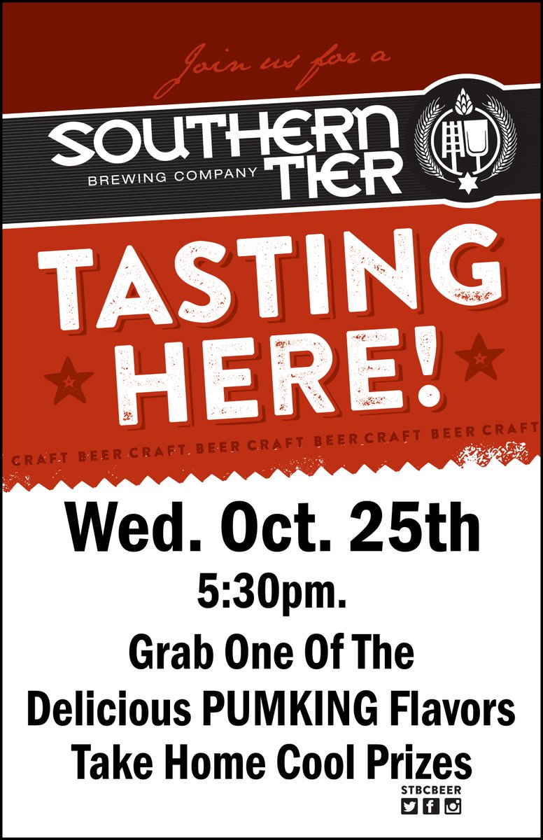We have a great tasting with <a href="/stbcbeer/">Southern Tier Beer</a> tonight! Get down to our #canalside buffalo location and get some #Pumking! facebook.com/events/5204769…