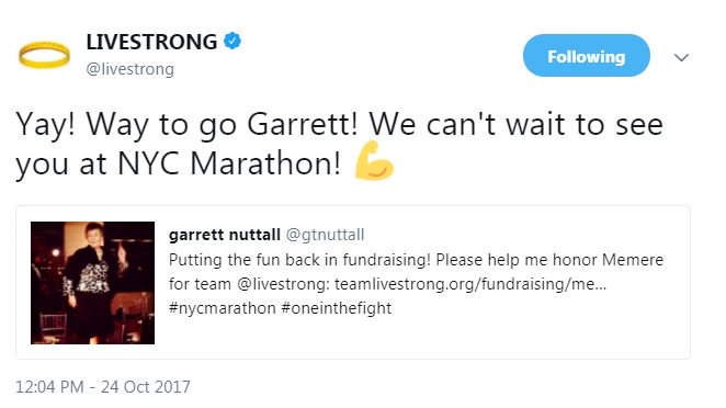 gtnuttall's tweet photo. Lunchtime read -- Find out why I'm running this year's #TCSNYCMarathon for team @livestrong: https://t.co/UtcUXfSne1 #OneInTheFight https://t.co/Ne4TcmdUS9