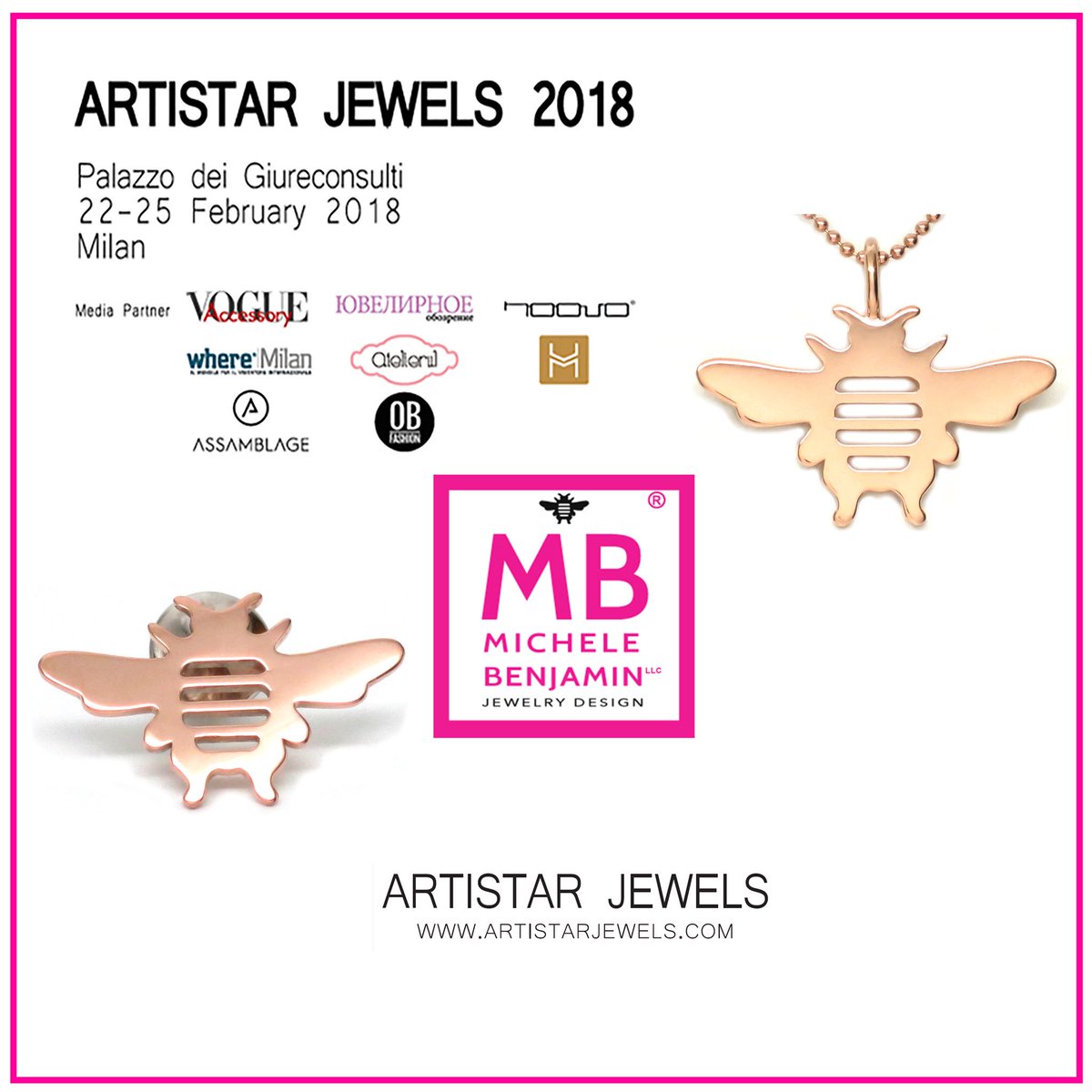 mbenjaminllc's tweet photo. “Bee” pins & necklaces will be exhibited
@artistarjewels 2018 exhibition during Milan Fashion Week! 🐝🐝🇮🇹🇮🇹
#jewelry
#artistar #jewellery https://t.co/EV2EnmFpZe