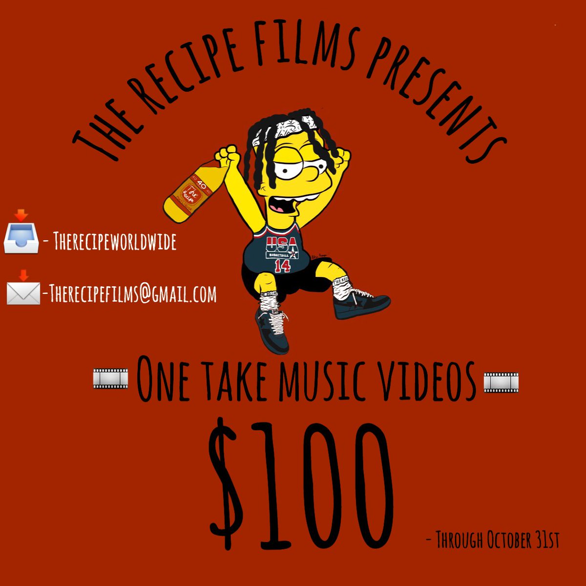 TheRecipeFilms's tweet photo. $100 One Take Music Videos All Month! Tag someone who might be interested ๐ฌ
#TheRecipeFilms https://t.co/jcjHSlJp7h