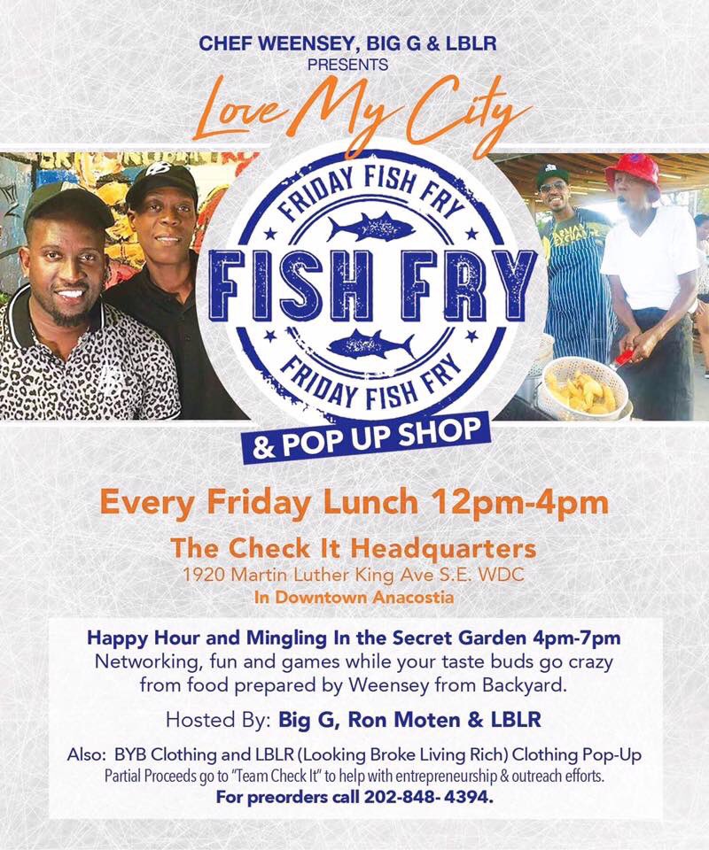AnacostiaBID's tweet photo. Friday Fish Fry Pop-Up now at Check-It HQ at 1920 MLK Ave SE! Happy hour is 4 - 7pm! #MadeInAna #GOANACOSTIA https://t.co/xfINjH1OdL