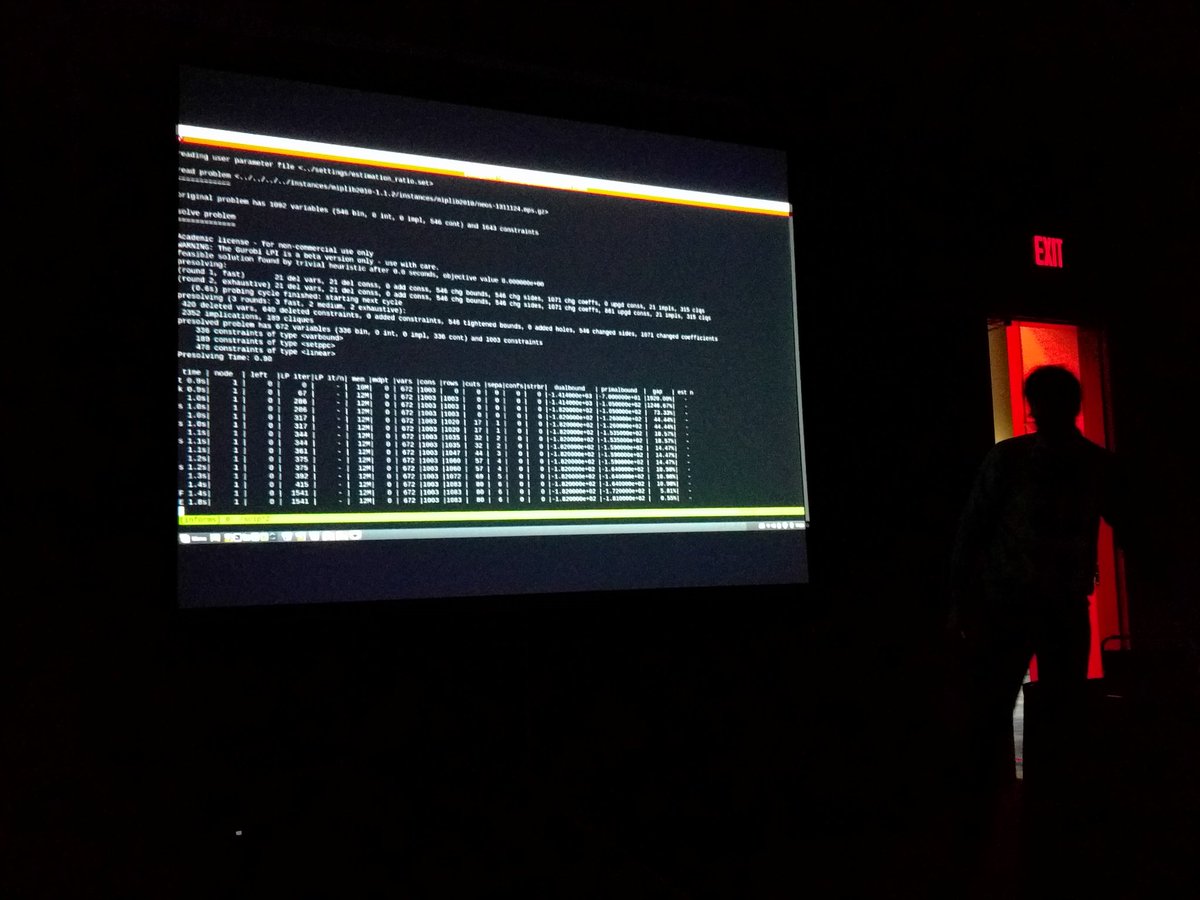 lyeskhalil's tweet image. Pierre Le Bodic has a live demo of his MIP Tree Size Estimator with SCIP #NightsOfMIP #informs2017